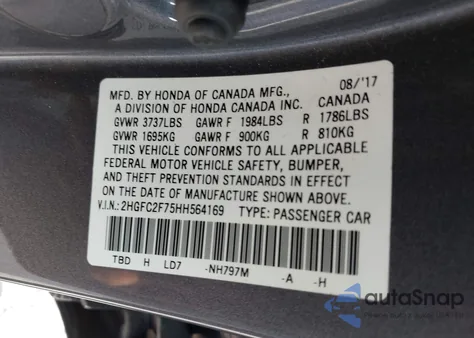 2017 Honda Civic Ex z USA, uszkodzony, nr VIN 2HGFC2F75HH564169